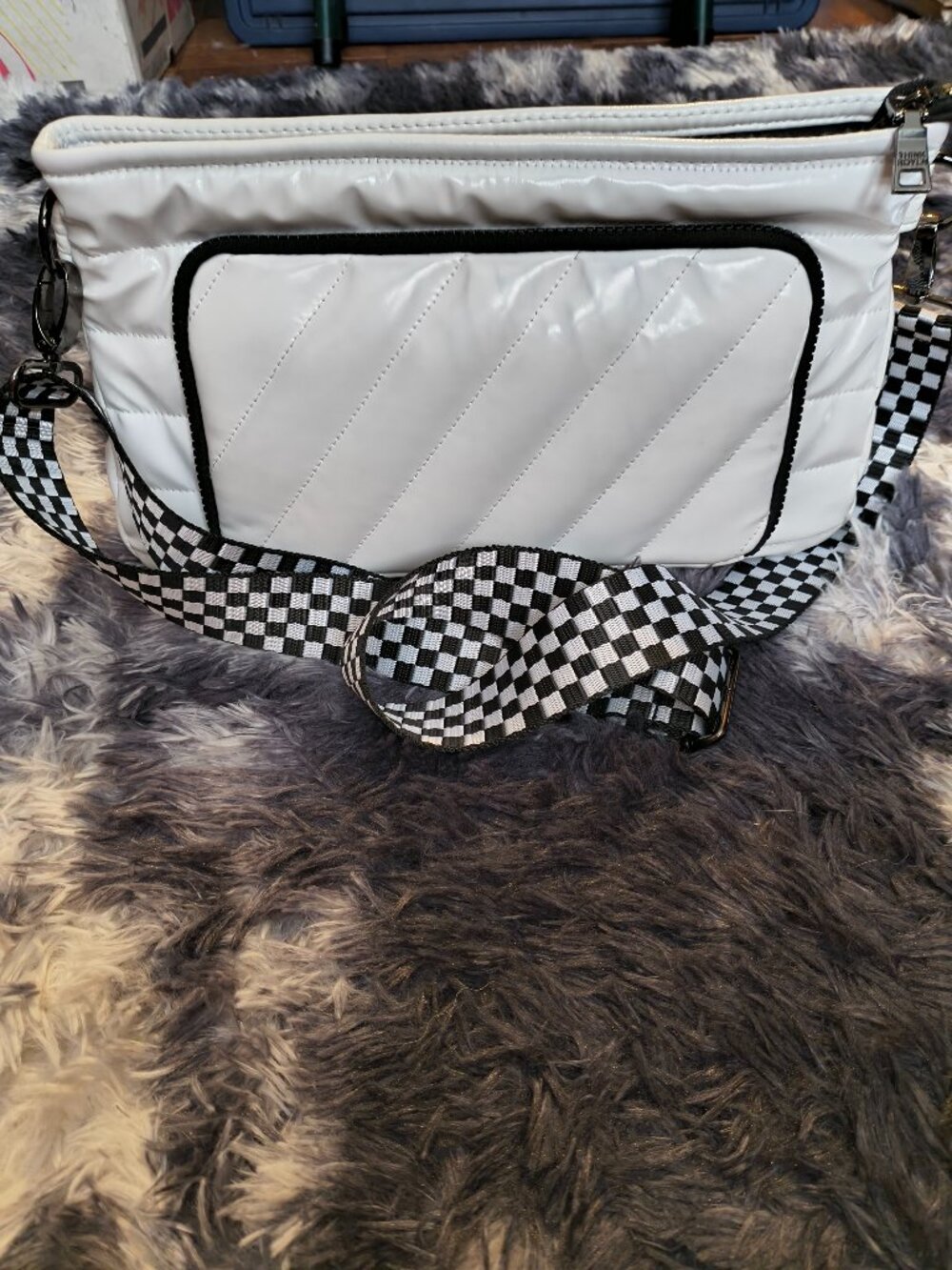 Think Royln Women Quilted White Crossbody Bag Checkered Strap